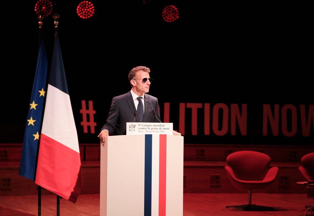 French President Emmanuel Macron addressing the 9th World Congress Against the Death Penalty